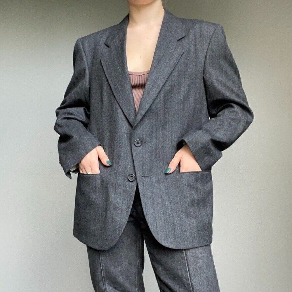Vintage Givenchy Dark Gray Striped Oversized Wool Blazer Preppy Sport Coat 40R - Picture 6 of 11